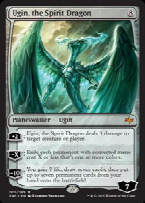 Ugin, the Spirit Dragon
 +2: Ugin, the Spirit Dragon deals 3 damage to any target.
?X: Exile each permanent with mana value X or less that's one or more colors.
?10: You gain 7 life, draw seven cards, then put up to seven permanent cards from your hand onto the battlefield.
